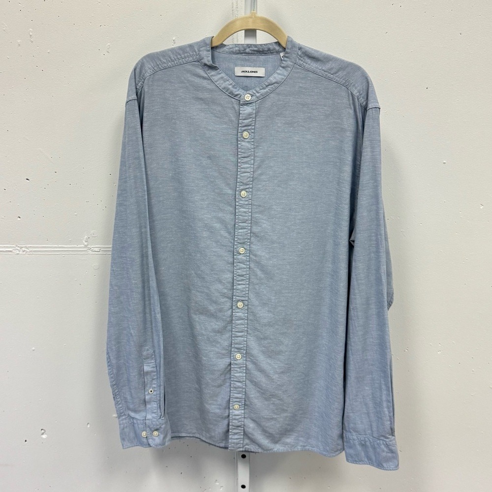 Jack & Jones Cotton Linen Blend Minimalist Mandarin Collar LS Button Down Shirt